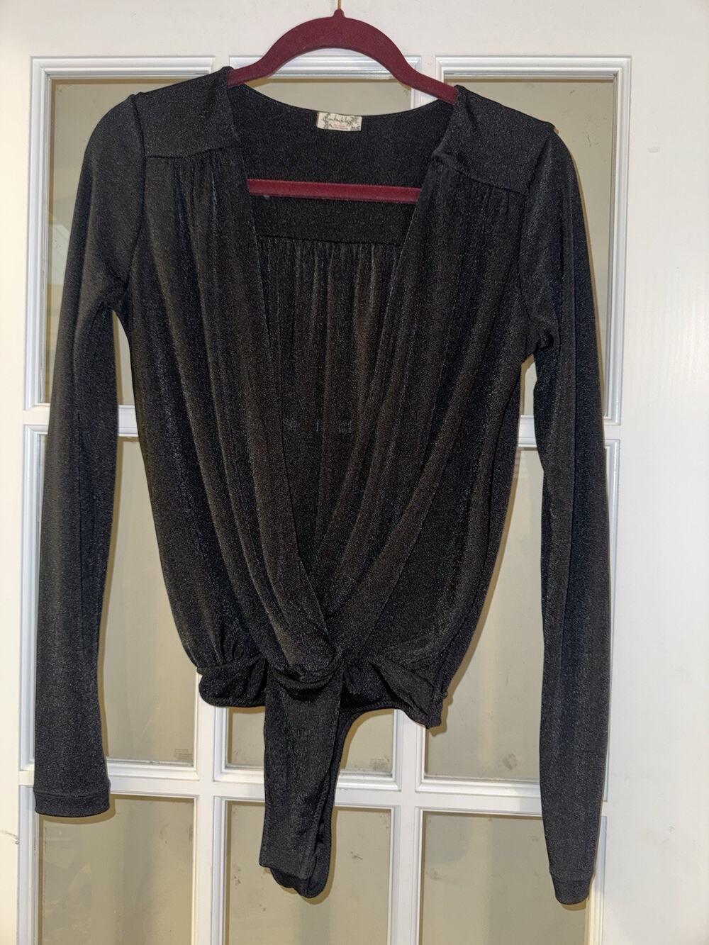 Intimately Free People Black Long Sleeve Surplice Bodysuit Women’s Small Shimmer